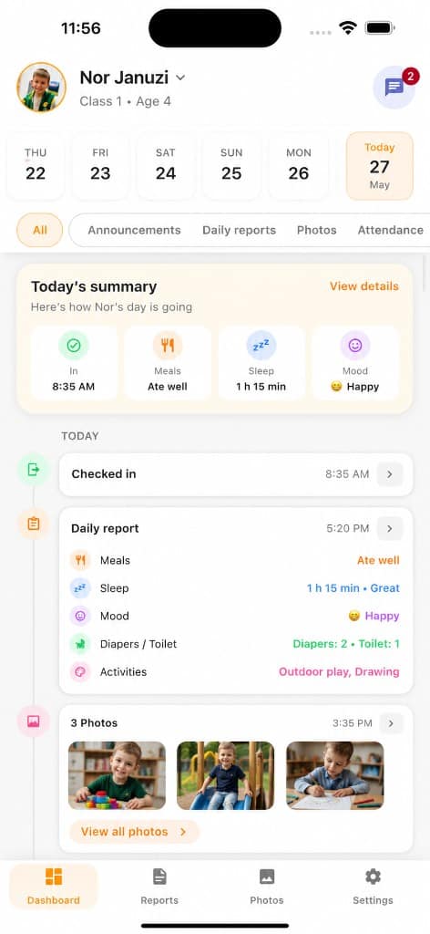 KidTrack Parent dashboard on mobile — daily summary, reports, photos, and timeline
